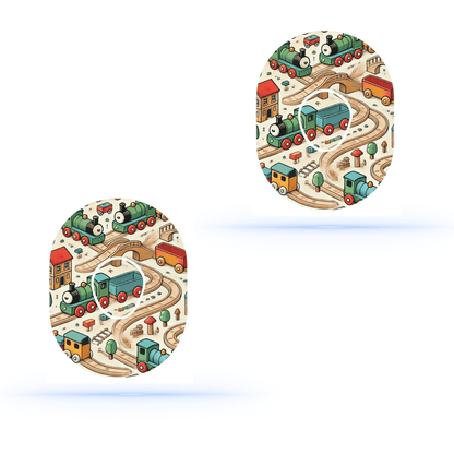 Brio Dexcom G7 sensor överplåster med tågmönster för CGM stabilitet och lekfull design