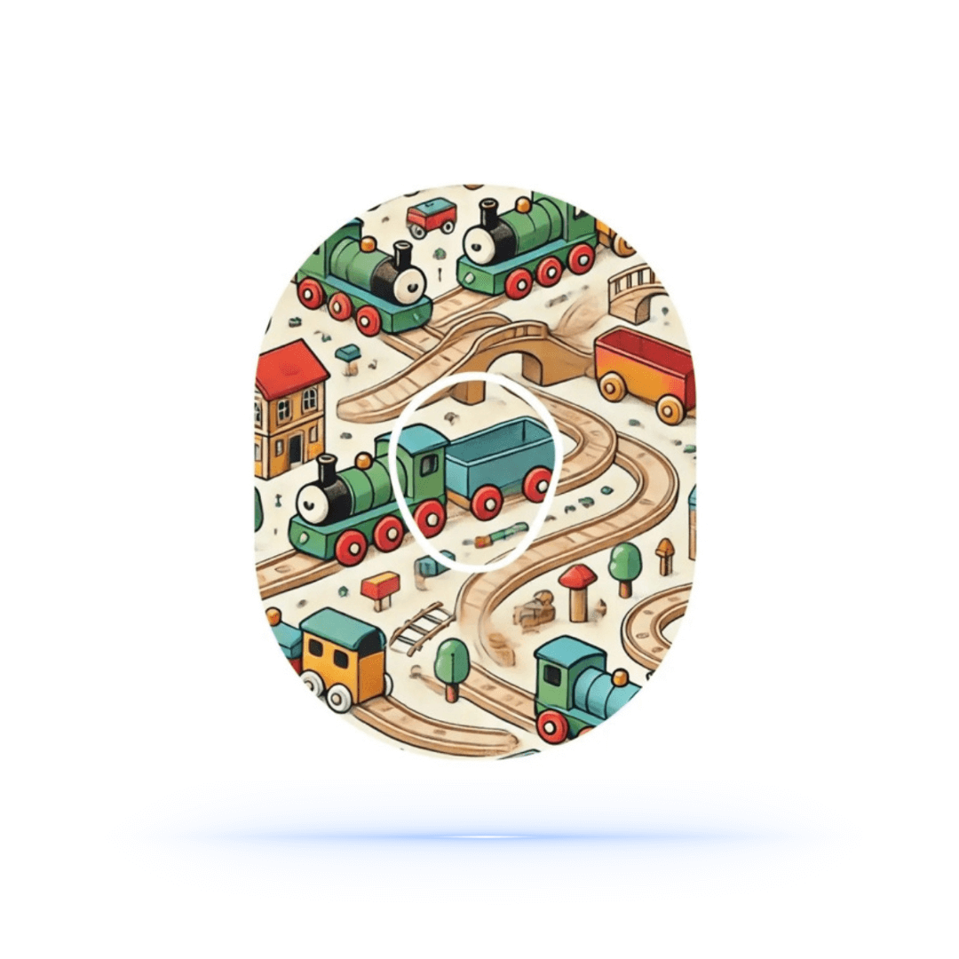 Brio Dexcom G7 sensor överplåster med tågmotiv för barn, ger stabilitet och lekfull design