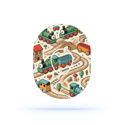 Brio Dexcom G7 sensor överplåster med tågmotiv för barn, ger stabilitet och lekfull design