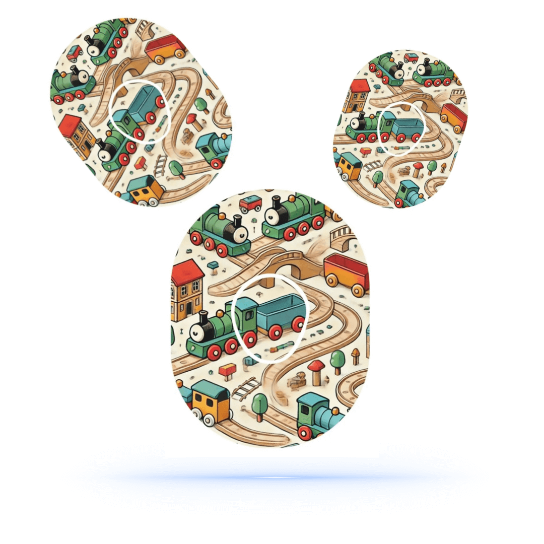 Brio Dexcom G7 sensor överplåster med lekfullt tågmotiv för extra fixering av CGM-sensorer.