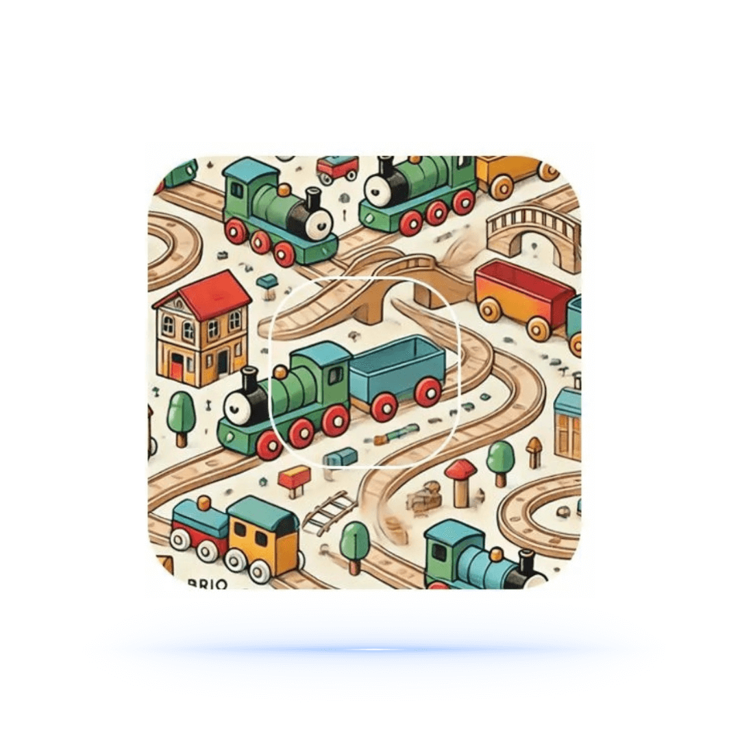 Brio Tåg CGM patches med tågmönster, designade för Medtronic Simplera sync sensors, ger extra fixering och stabilitet.