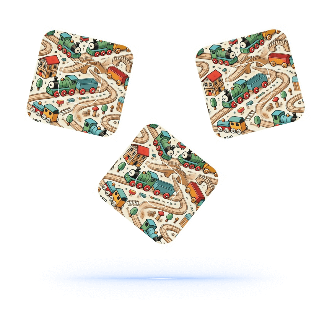 Brio Tåg CGM patches med lekfullt tågtema för Medtronic Simplera överpatch och sensor sticker stabilitet.