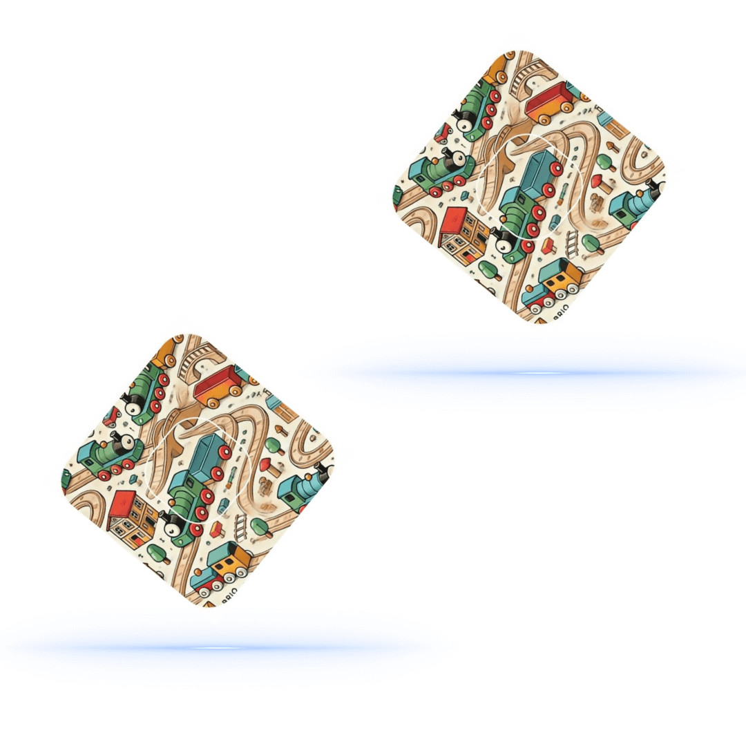 Brio Tåg CGM patches för Medtronic Simplera med tågdesign, ger extra fixering och stabilitet, två stycken patchar.