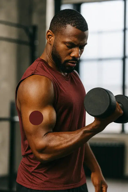 Man som tränar med ett Freestyle Libre sensor patch på armen, perfekt för en aktiv livsstil.