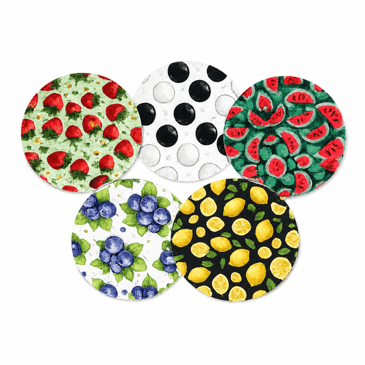 Fruitmix Overpatches för Freestyle Libre 1, 2 & 3 – Watermelon, Strawberry, Blueberry, Lemon & Midnight Black Dots.