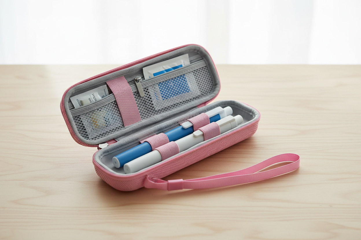 Öppet pennfodral med pennor