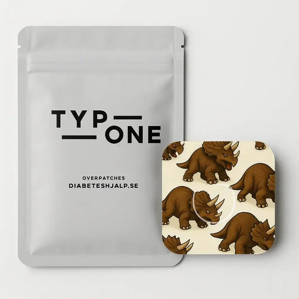Triceratops Overpatch för Medtronic Simplera Sync med dinosauriemotiv för säker sensorfixering.